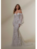 Strapless Lace Tulle Glitter Wedding Dress With Detachable Sleeves